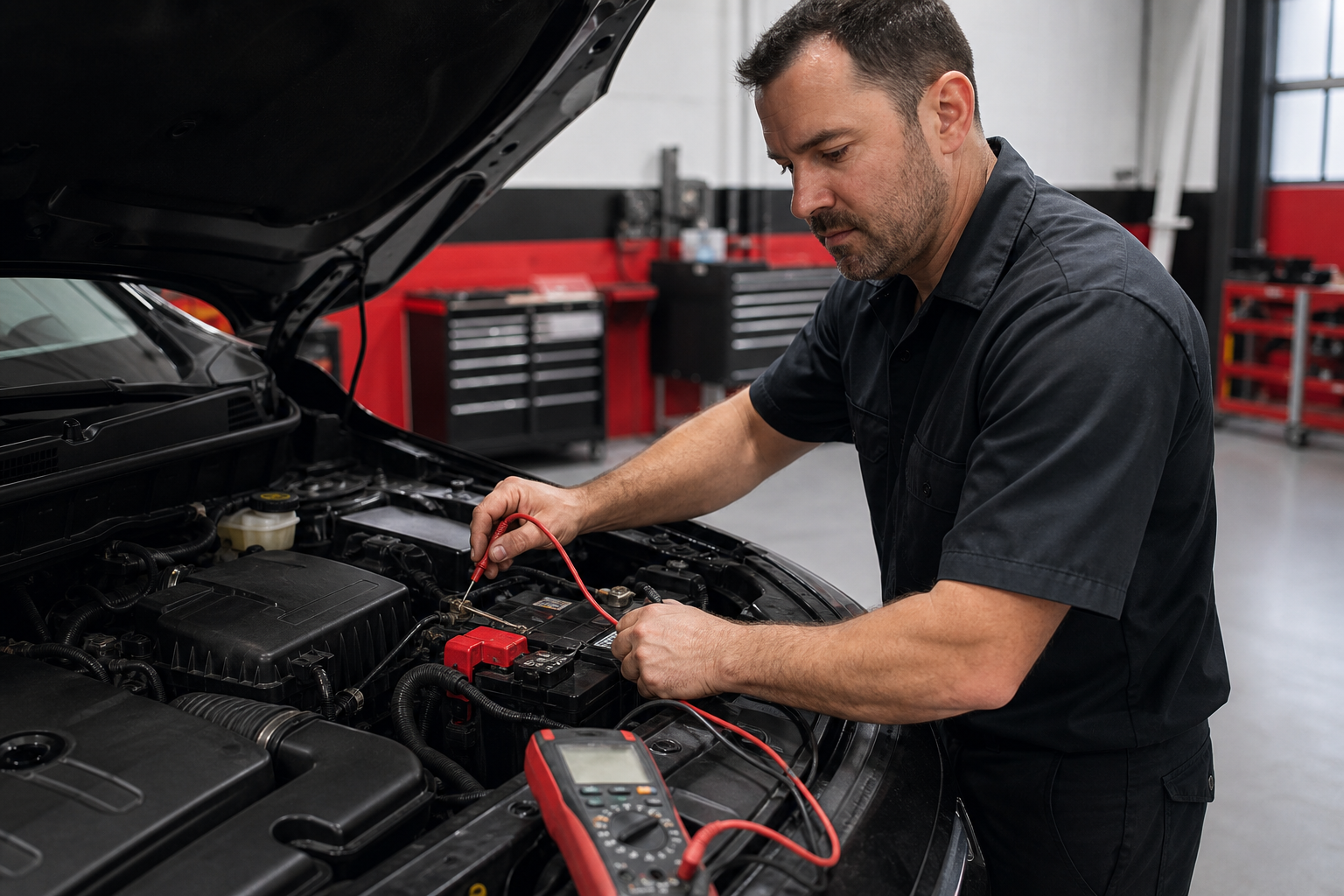 Mechanic testing a vehicle battery and alternator charging system